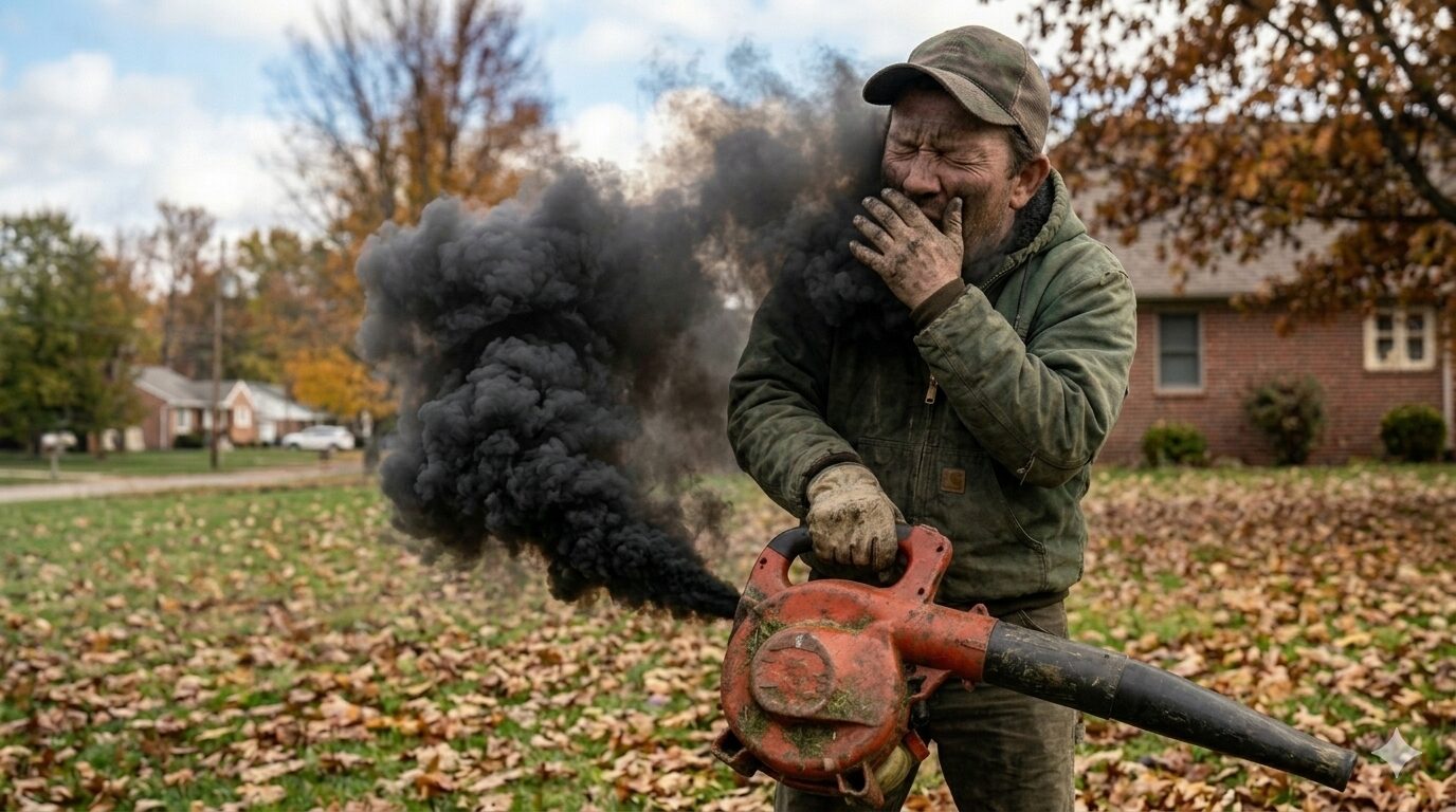 A candid, photorealistic photograph of a male homeowner in a Mercer, PA, backyard. He is coughing and grimacing, recoiling from a heavy cloud of black smoke erupting directly into his face from the exhaust muffler of a weathered, red handheld leaf blower. The main blower nozzle is pointed safely away towards the ground. Fallen autumn leaves cover the lawn.