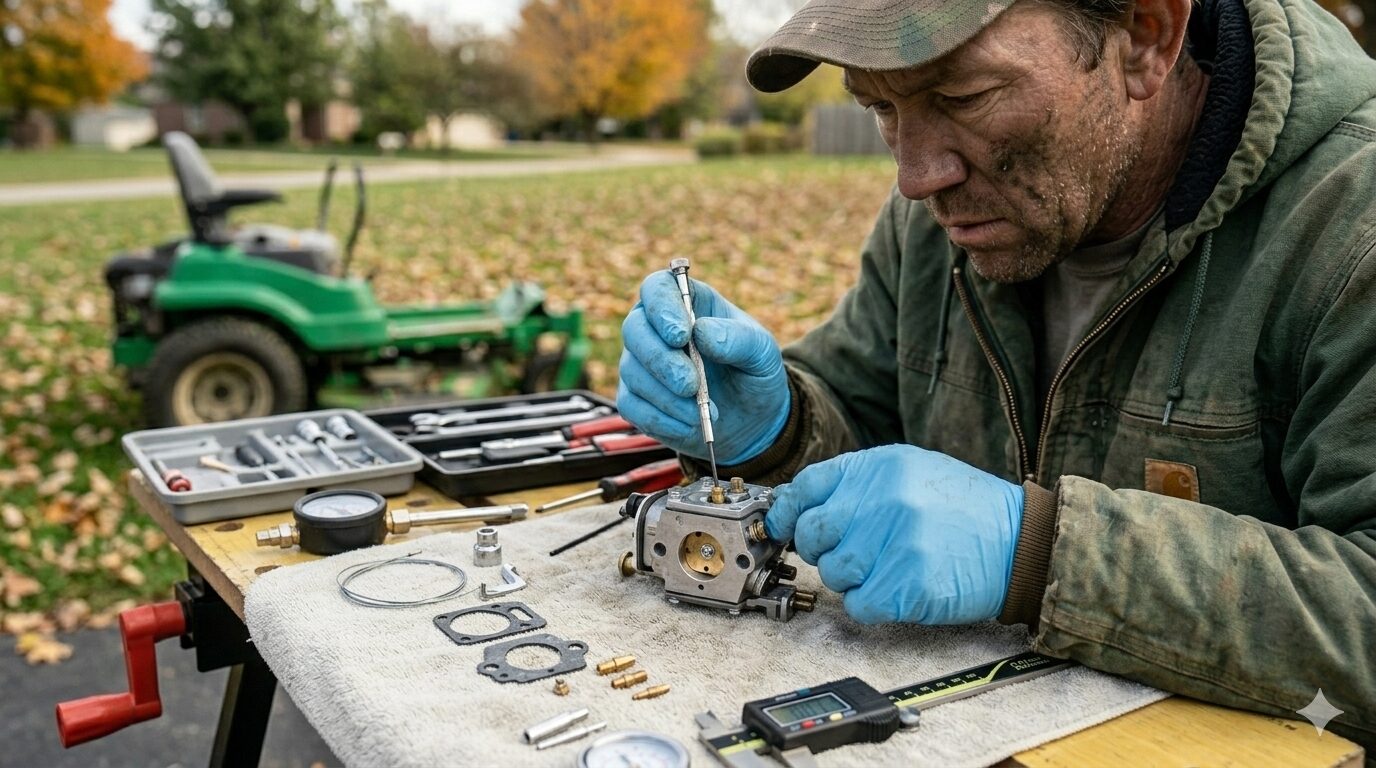 A close-up view of a small engine mechanic in blue nitrile gloves performing precision cleaning and rebuilding on a complex, partially disassembled 2-cycle carburetor, resting on a clean micro-fiber towel in a residential garage setting in Mercer, PA. A small screwdriver points to a clean jet.