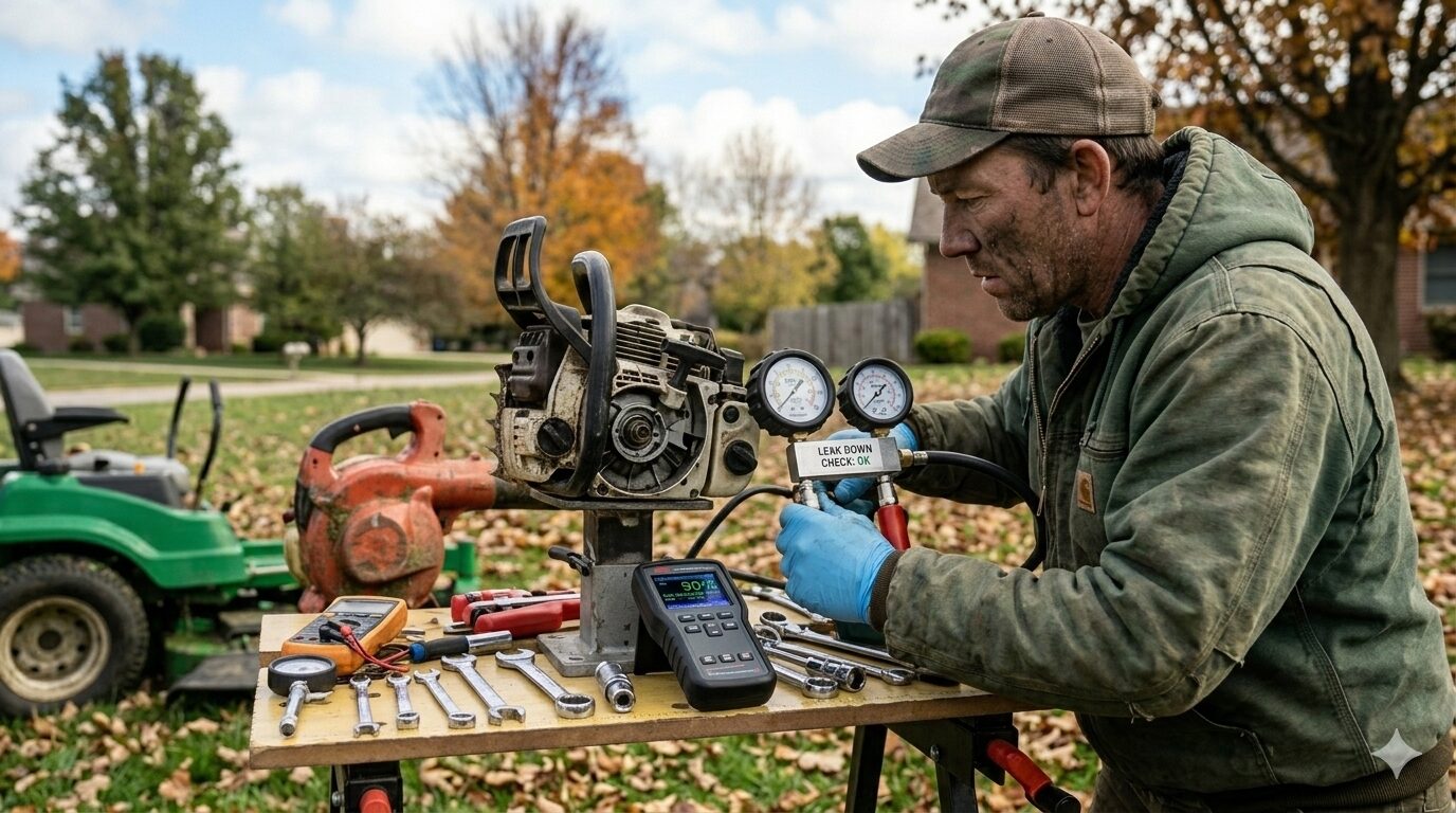 A small engine technician in a weathered green work jacket and cap, using clean blue nitrile gloves, holds an analog pressure gauge to perform a diagnostics check on a small engine. In the blurred background of a Mercer, PA residential backyard, a green zero-turn lawn mower and a red leaf blower are partially visible, but not smoking. Natural daylight.